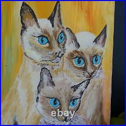 Vintage SIAMESE CATS Original Acrylic Painting 20 x 24 MCM Wall Art Mid Century