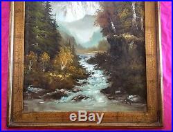 Vintage S. Hills Large Framed Oil on Canvas Painting Landscape Mountain Stream