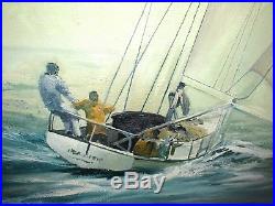 Vintage Sail boat Yacht Sailboat Original Signed Oil Framed Painting Large 38x40