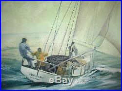 Vintage Sail boat Yacht Sailboat Original Signed Oil Framed Painting Large 38x40