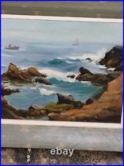 Vintage Satterthwaite Welsh boat ocean shore landscape oil painting signed 1929