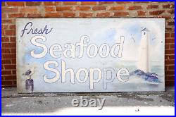 Vintage Seafood Shop Sign Fresh Fish Restaurant Lighthouse Maine Lobster Wood