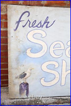 Vintage Seafood Shop Sign Fresh Fish Restaurant Lighthouse Maine Lobster Wood