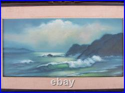 Vintage Seascape OIL PAINTING FINE ART waves clouds cliffs mid century framed