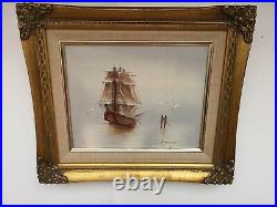 Vintage Seascape Oil Painting of 3 Mast Galleon Warship Signed & Framed