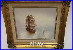 Vintage Seascape Oil Painting of 3 Mast Galleon Warship Signed & Framed