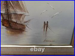 Vintage Seascape Oil Painting of 3 Mast Galleon Warship Signed & Framed