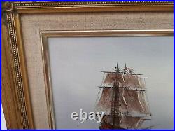 Vintage Seascape Oil Painting of 3 Mast Galleon Warship Signed & Framed