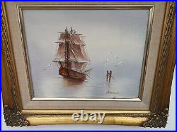 Vintage Seascape Oil Painting of 3 Mast Galleon Warship Signed & Framed