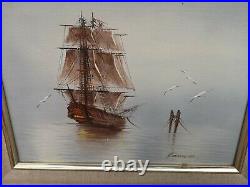 Vintage Seascape Oil Painting of 3 Mast Galleon Warship Signed & Framed