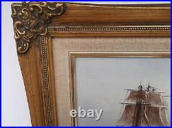 Vintage Seascape Oil Painting of 3 Mast Galleon Warship Signed & Framed