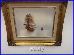 Vintage Seascape Oil Painting of 3 Mast Galleon Warship Signed & Framed