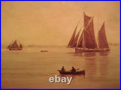 Vintage Seascape Tonalist Oil Painting Long Island Sound Sunset Sailboats Signed