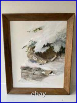 Vintage Serene Winter Landscape with Deer Signed Oil Painting (Framed) 18.75 x