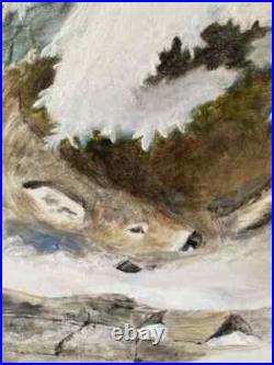 Vintage Serene Winter Landscape with Deer Signed Oil Painting (Framed) 18.75 x
