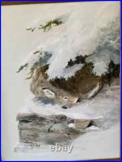 Vintage Serene Winter Landscape with Deer Signed Oil Painting (Framed) 18.75 x