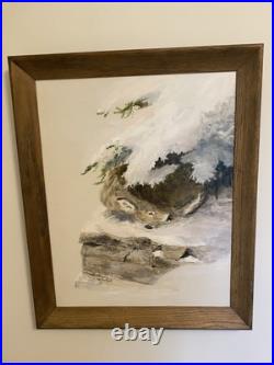 Vintage Serene Winter Landscape with Deer Signed Oil Painting (Framed) 18.75 x