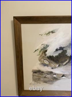 Vintage Serene Winter Landscape with Deer Signed Oil Painting (Framed) 18.75 x