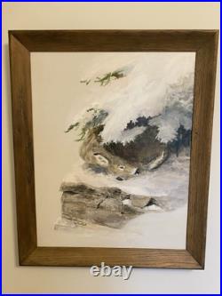 Vintage Serene Winter Landscape with Deer Signed Oil Painting (Framed) 18.75 x