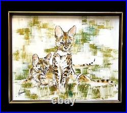 Vintage Serval Cats Animal Painting Signed By Artist Lorna 31 X 25.5 Framed