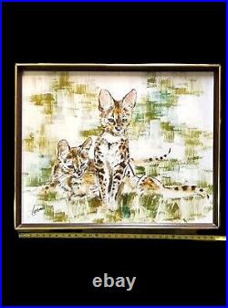 Vintage Serval Cats Animal Painting Signed By Artist Lorna 31 X 25.5 Framed