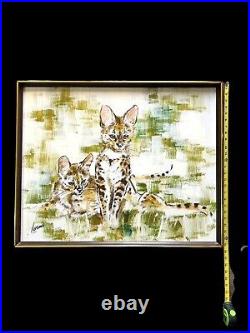 Vintage Serval Cats Animal Painting Signed By Artist Lorna 31 X 25.5 Framed