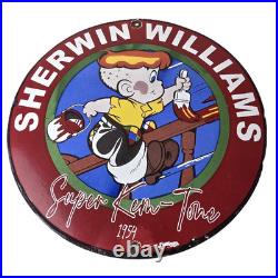 Vintage Sherwin Williams Sign Paint Brush Painting Comic Gas Porcelain Sign