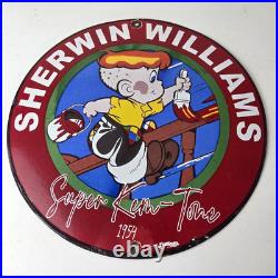 Vintage Sherwin Williams Sign Paint Brush Painting Comic Gas Porcelain Sign