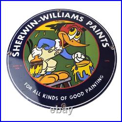 Vintage Sherwin Williams Sign Paint Brush Painting Gas Oil Pump Porcelain Sign