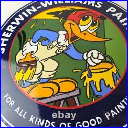 Vintage Sherwin Williams Sign Paint Brush Painting Gas Oil Pump Porcelain Sign