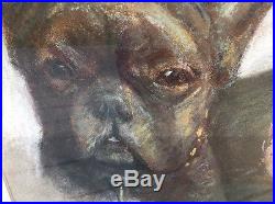 Vintage Signed 1920s Pastel Painting Portrait Woman With French Bulldog Dog
