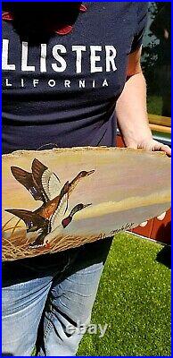 Vintage Signed Al Mohler Slab Art Painting With Flying Mallard Duck Scene 24x8