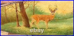 Vintage Signed Al Mohler Slab Art Painting With Lg Buck Deer Scene 35x11.5 Nice