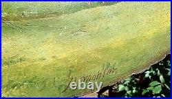 Vintage Signed Al Mohler Slab Art Painting With Lg Buck Deer Scene 35x11.5 Nice