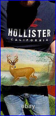 Vintage Signed Al Mohler Slab Art Painting With Lg Buck Deer Scene 36x9 nice one