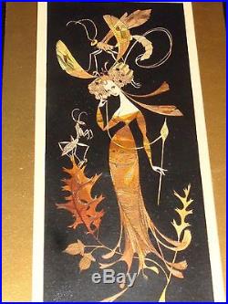 Vintage Signed Art Deco Whimsy Lady Grasshopper Illustration Painting Erte Era
