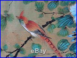 Vintage Signed Asian Oriental Bird Floral Painting Watercolor Art On Cork Paper