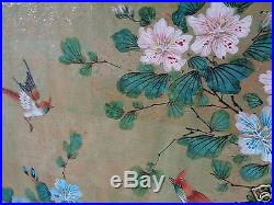 Vintage Signed Asian Oriental Bird Floral Painting Watercolor Art On Cork Paper