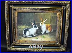 Vintage Signed Country French Framed Oil Painting on Canvas -Two Sweet Rabbits