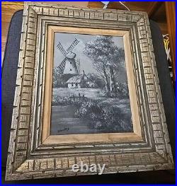 Vintage Signed Dutch Windmill Painting on Canvas in Cool Ornate Heavy Wood Frame