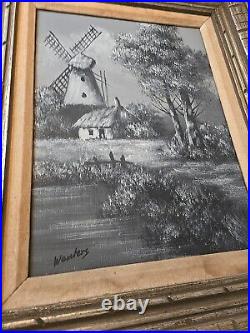 Vintage Signed Dutch Windmill Painting on Canvas in Cool Ornate Heavy Wood Frame