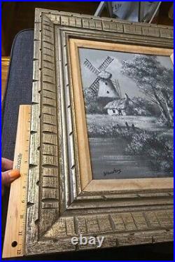Vintage Signed Dutch Windmill Painting on Canvas in Cool Ornate Heavy Wood Frame