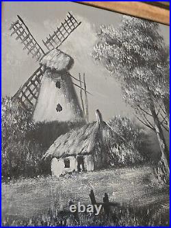 Vintage Signed Dutch Windmill Painting on Canvas in Cool Ornate Heavy Wood Frame