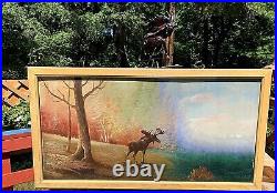 Vintage Signed Framed Al Mohler Art Painting Large Moose Scene 52 by 28 nice one