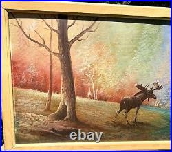 Vintage Signed Framed Al Mohler Art Painting Large Moose Scene 52 by 28 nice one