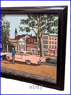 Vintage Signed H. Hargrove Oil Painting Pink Cadillac Police Great Cond Framed