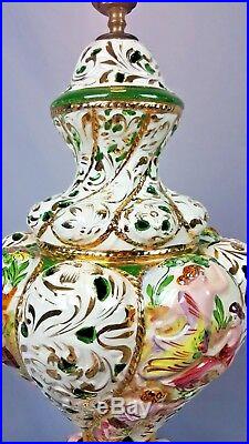 Vintage Signed Italian Capodimonte Lamp Hand Painted Porcelain Footed Dragons