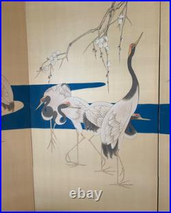 Vintage (Signed) Japanese Hand-Painted 4 Panel Folding Screen 74 x 36