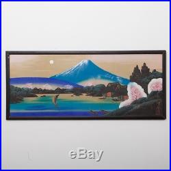 Vintage Signed Japanese Landscape Watercolor Painting on Silk Cherry & Mt. Fuji