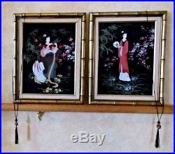 Vintage Signed Japanese Women Geisha Paintings Oil Gilt Framed Pair Set Of 2